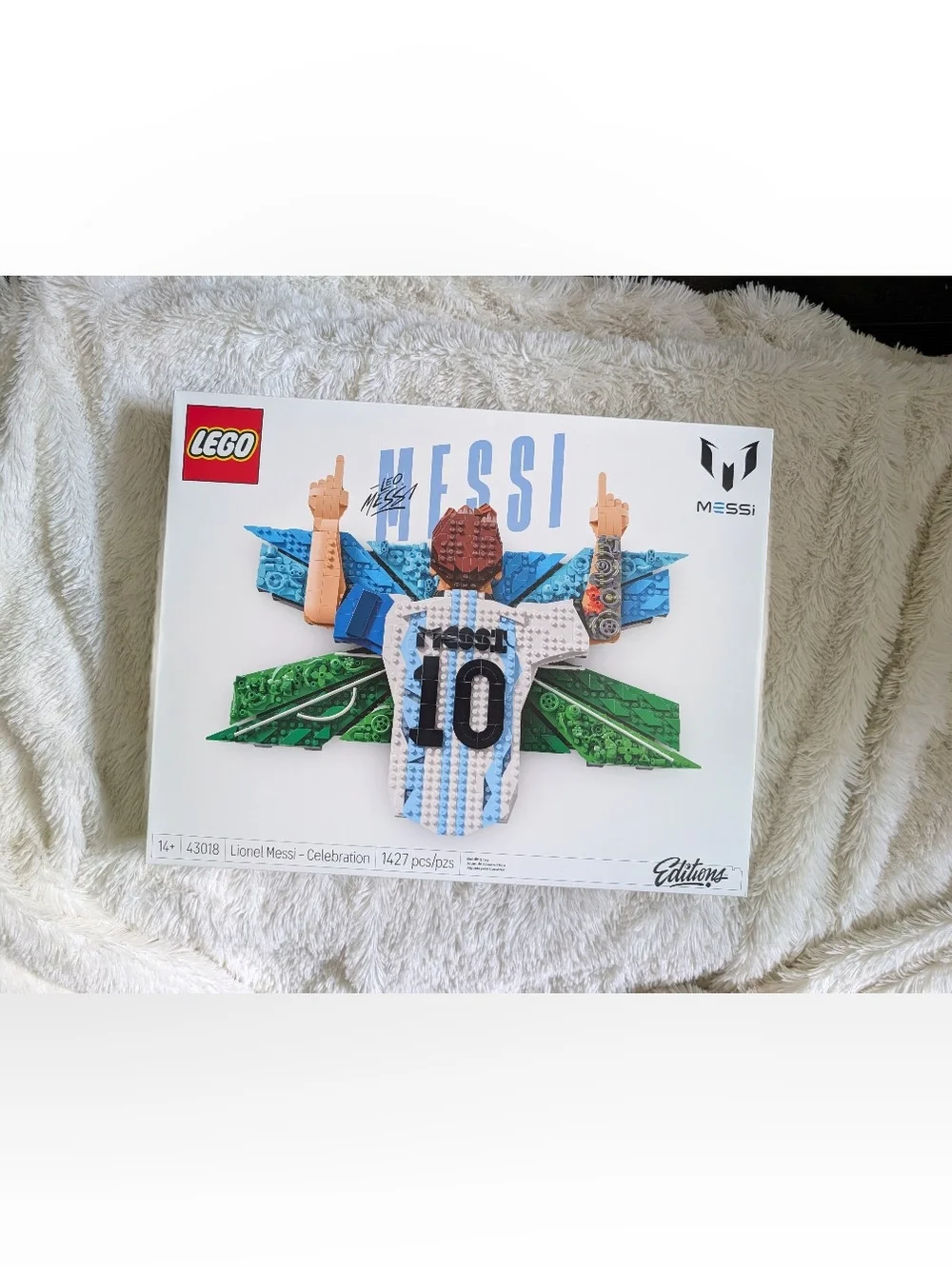 Lego Messi Celebration Box in White, Blue, Green and Black